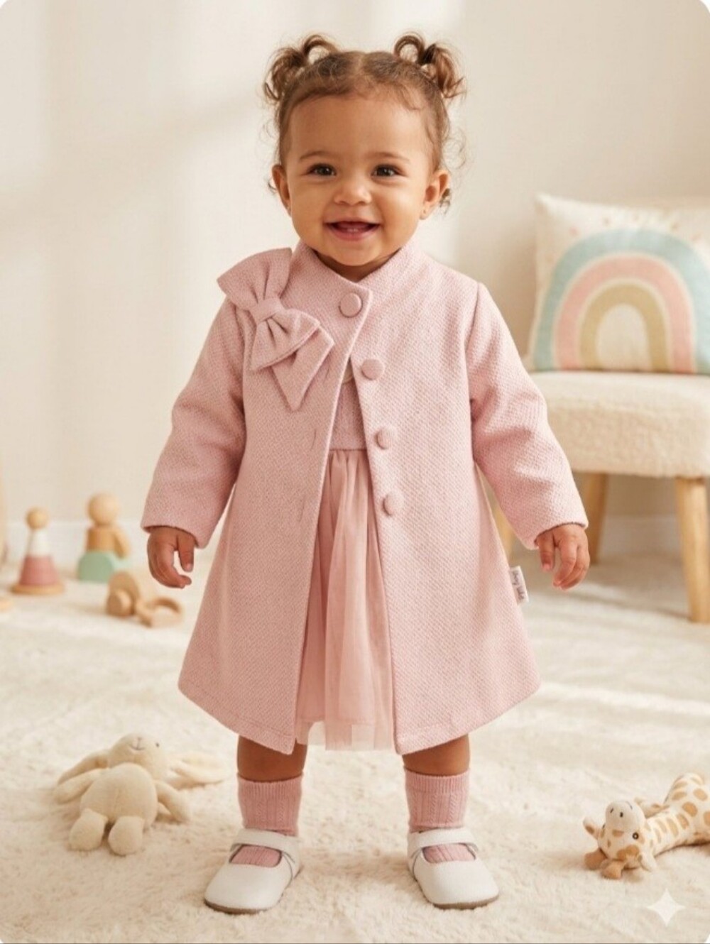 Sweet Heart Rose Pink Textured Coat with Bow and Dress 12M